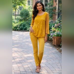 Belle France Boho Blouse S + Cato Mustard Skinny Jeans 8 Curated Outfit Set